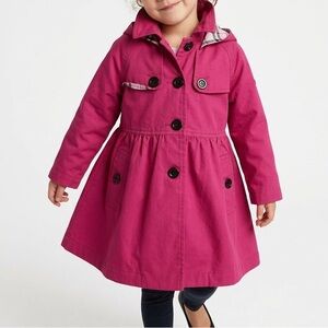 Girls Pink Hooded Trench Coat Size 100 Plaid Lined Button Jacket Toddler